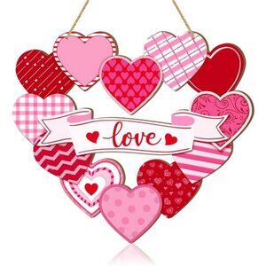 Valentine's Day Heart Wood Sign, Pink Heart Pattern (14.5*12.8inches).